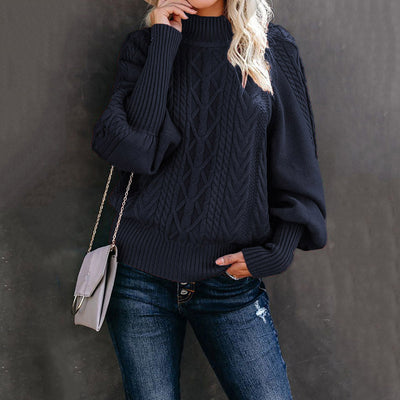 Pull en grosse maille pour femme avec col haut et manches volumineuses