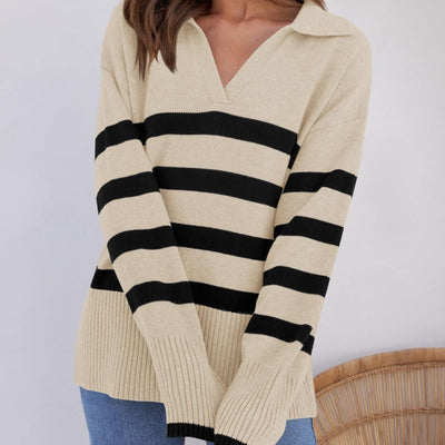 Pull en tricot rayé avec col pour femmes | Parfait pour toutes les saisons