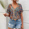 Blusa para mujeres - corte relajado - mangas murciélago - cuello en V - estampado otoñal - mezcla transpirable