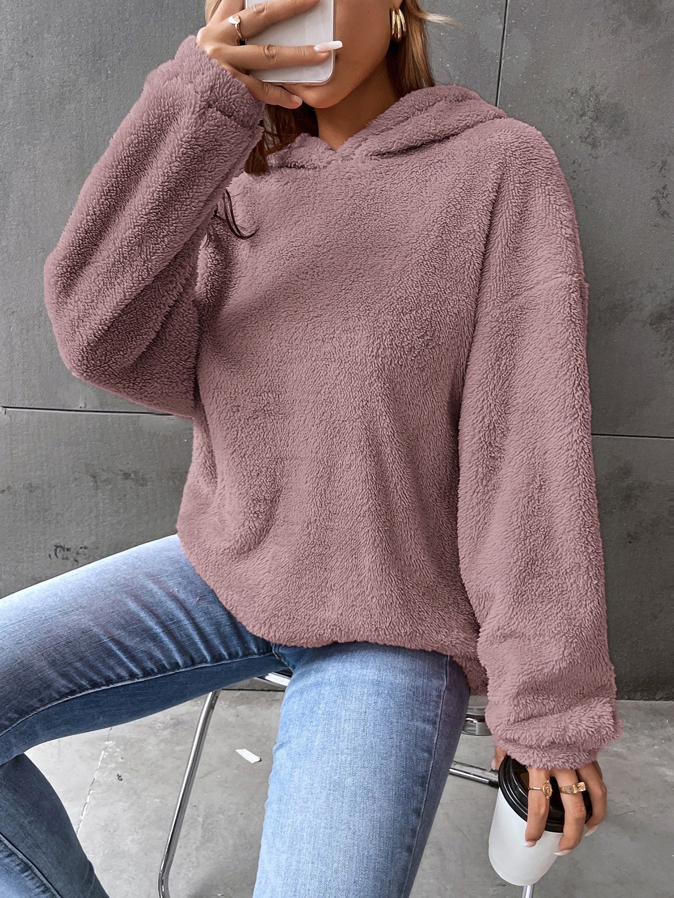 Sudadera con capucha para mujer - Suéter de polar - Diseño corto - Corte holgado - Mangas largas