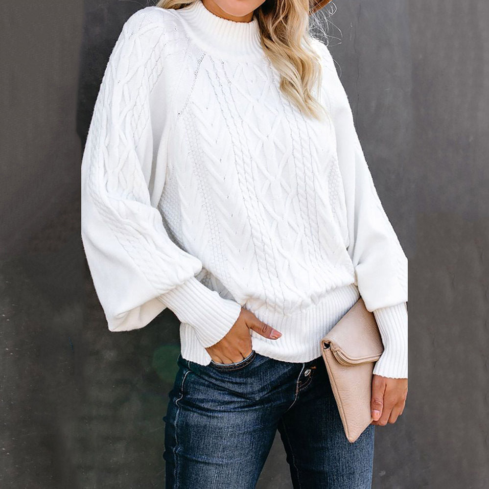 Pull en grosse maille pour femme avec col haut et manches volumineuses