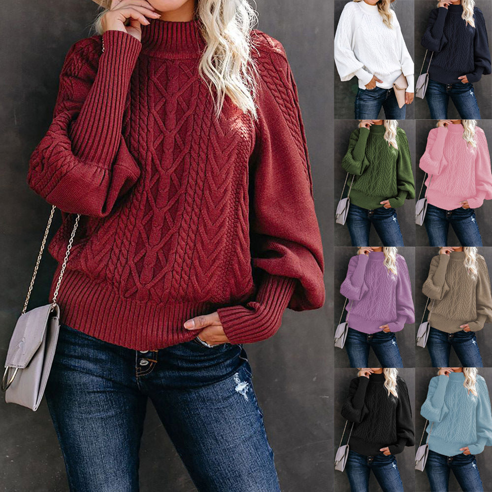 Pull en grosse maille pour femme avec col haut et manches volumineuses