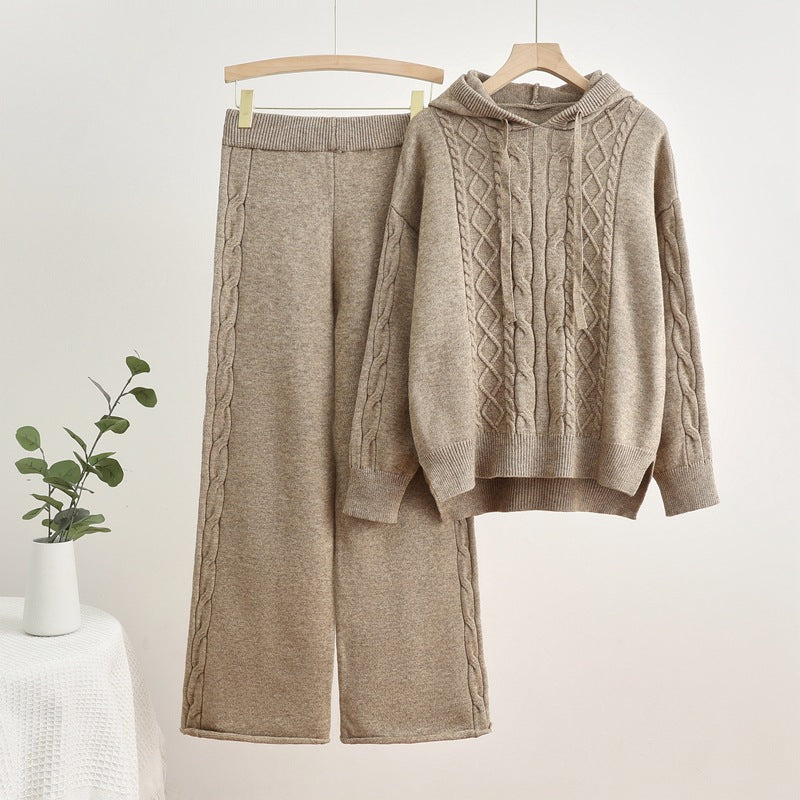 Isabelle-mode | Ensemble pull à capuche en tricot côtelé et pantalon large