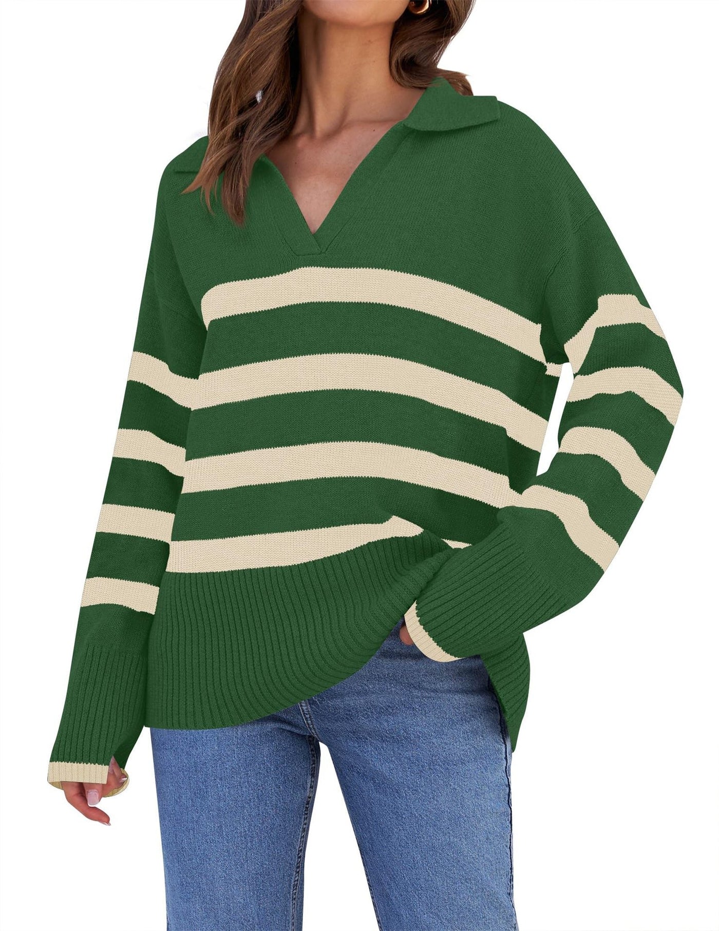 Pull en tricot rayé avec col pour femmes | Parfait pour toutes les saisons
