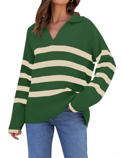 Pull en tricot rayé avec col pour femmes | Parfait pour toutes les saisons