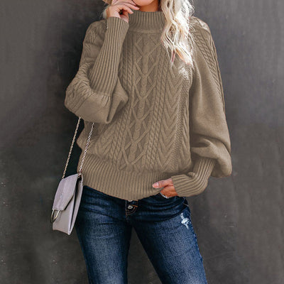 Pull en grosse maille pour femme avec col haut et manches volumineuses