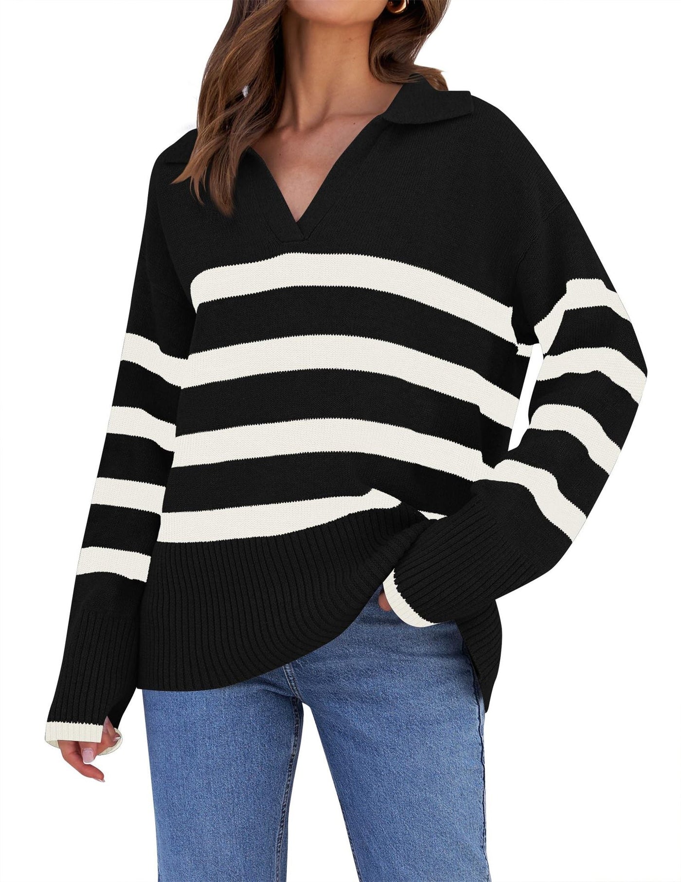 Pull en tricot rayé avec col pour femmes | Parfait pour toutes les saisons