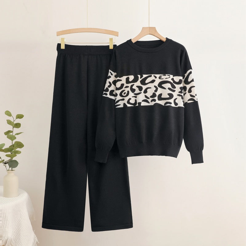 Isabelle-mode | Ensemble tricoté taille haute avec pull à motif léopard