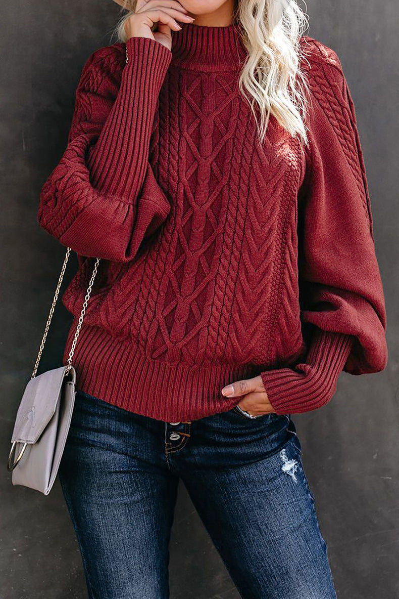 Pull en grosse maille pour femme avec col haut et manches volumineuses
