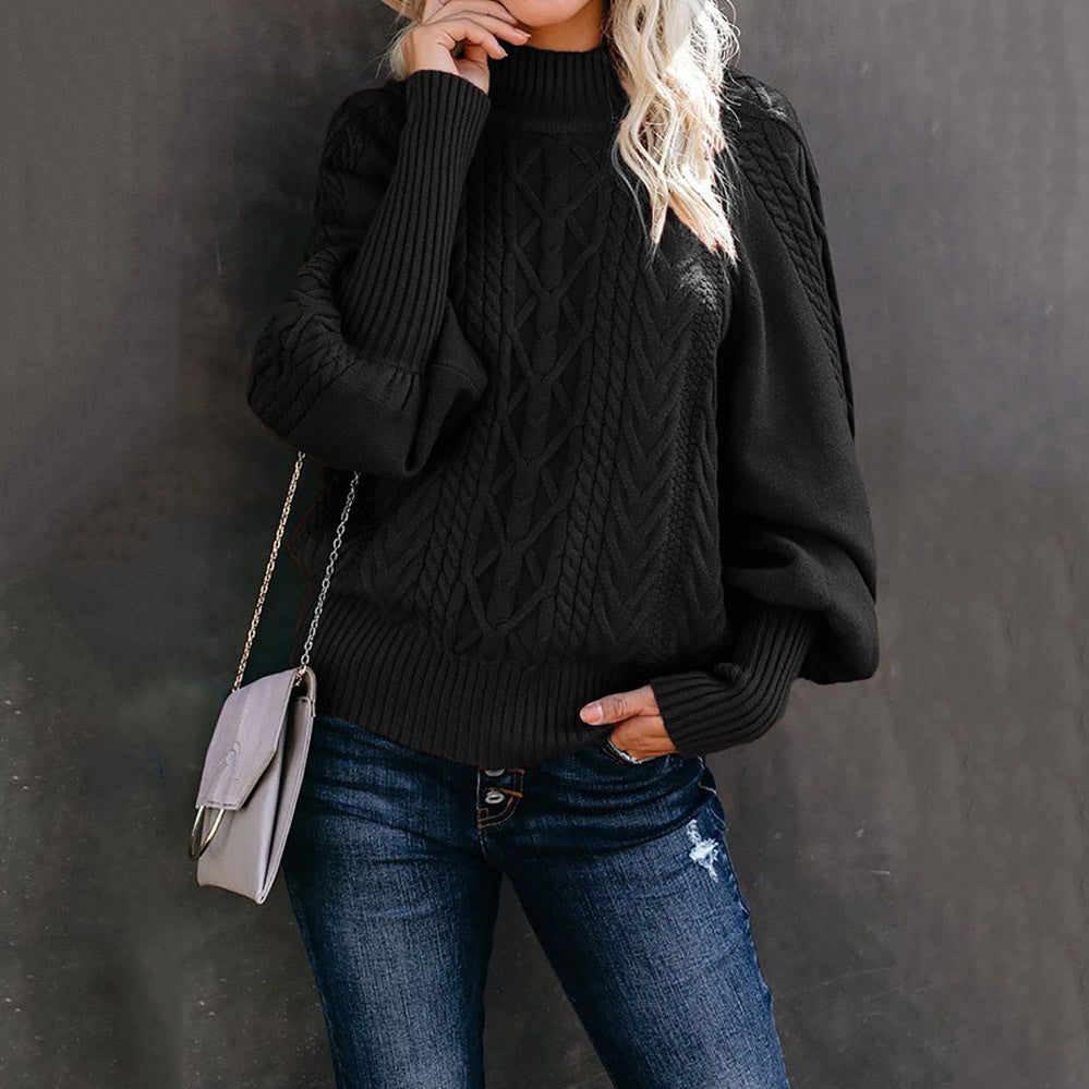 Pull en grosse maille pour femme avec col haut et manches volumineuses