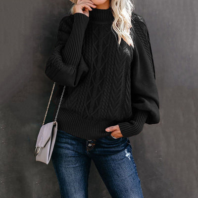 Pull en grosse maille pour femme avec col haut et manches volumineuses