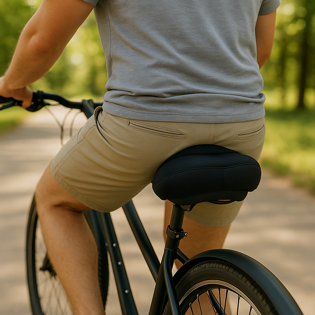 Homme en short beige et t-shirt gris faisant du vélo sur une piste cyclable en forêt, mettant en avant le cyclisme en plein air et le style décontracté.