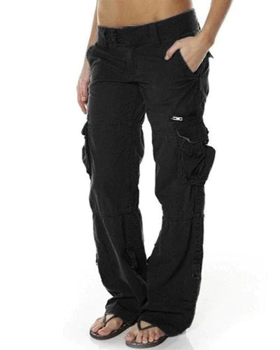 Pantalon cargo noir pour femme, style décontracté, poches multiples, coupe ample, idéal pour mode urbaine et confort quotidien.
