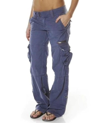 Pantalon cargo bleu pour femme, style décontracté, poches multiples, coupe ample, idéal pour mode urbaine et confort quotidien.