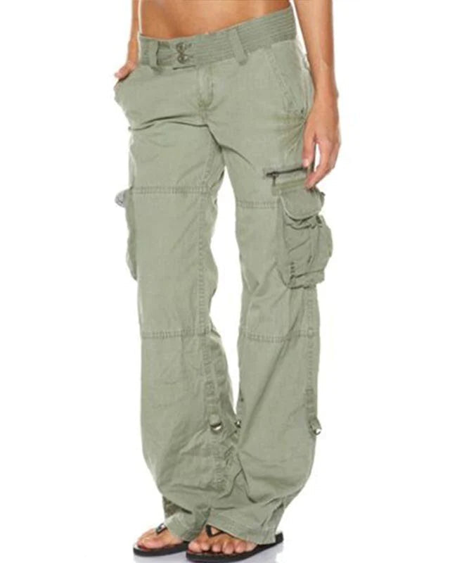 Pantalon cargo vert kaki pour femme avec poches latérales, style décontracté, mode tendance, idéal pour un look urbain et confortable.