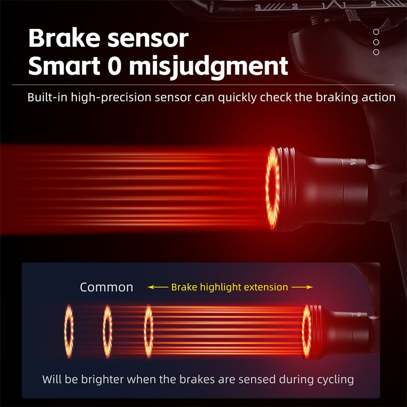 Capteur de frein intelligent pour vélo, détecteur de freinage précis, lumière LED rouge, sécurité cycliste, extension de lumière, prévention des erreurs.