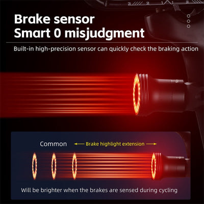 Capteur de frein intelligent pour vélo, détecteur de freinage précis, lumière LED rouge, sécurité cycliste, extension de lumière, prévention des erreurs.