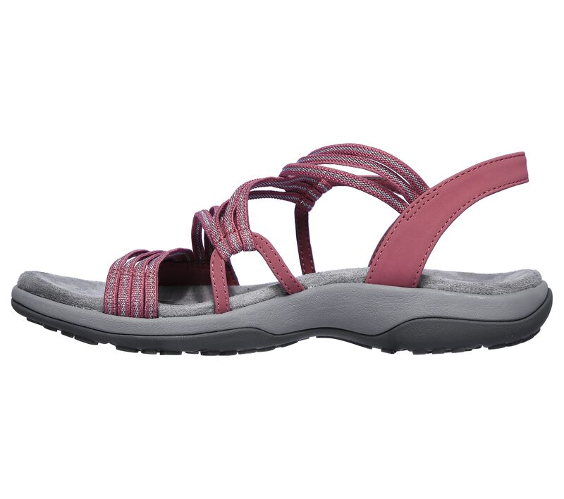 Sandale rose pour femme avec semelle grise, lanières entrelacées, design confortable, idéale pour l'été et les activités en plein air.