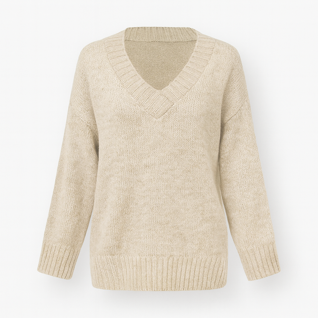 Beige Women's Elegant V-Neck Sweater