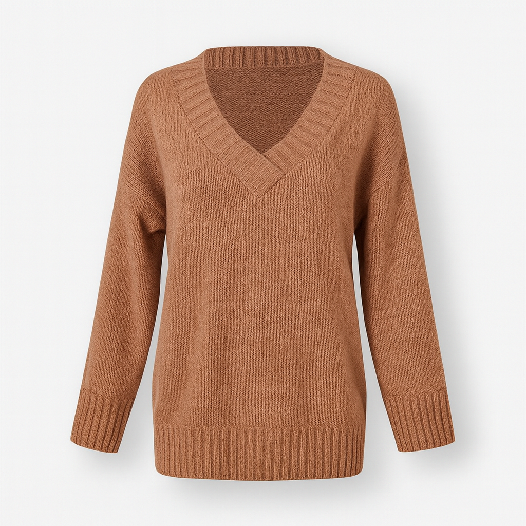 Brown Women's Elegant V-Neck Sweater