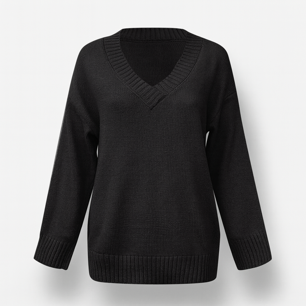 Black Women's Elegant V-Neck Sweater