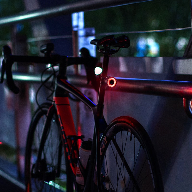 Vélo de route noir avec feux arrière LED rouges, stationné sur un pont la nuit. Éclairage urbain, cyclisme nocturne, sécurité vélo.