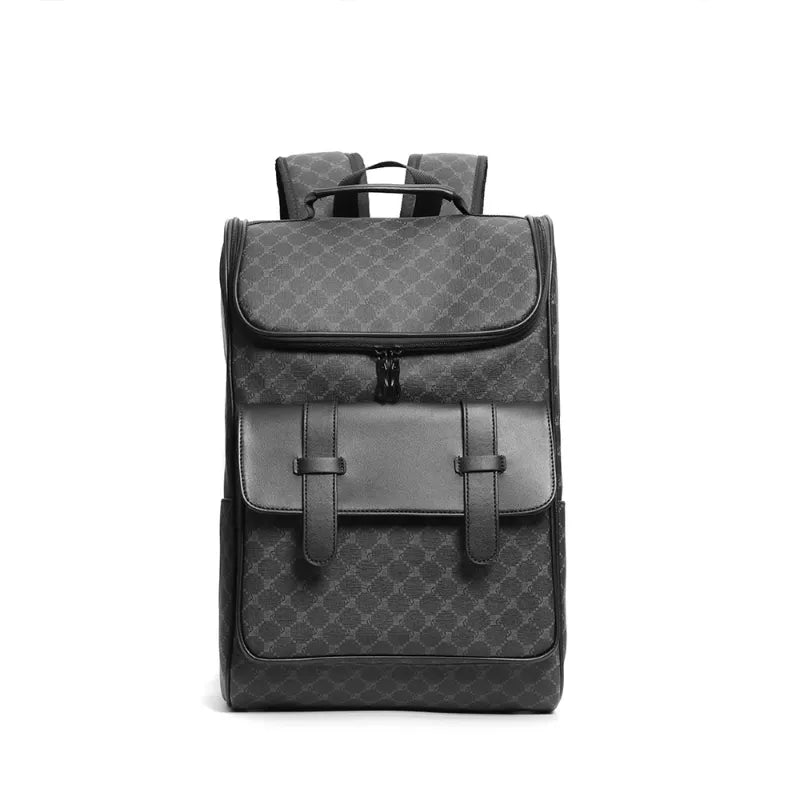 Sac à dos noir élégant en cuir avec motif géométrique, poches avant et bretelles ajustables. Accessoire mode tendance et fonctionnel.