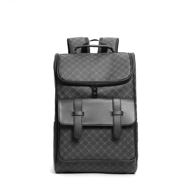 Sac à dos noir élégant en cuir avec motif géométrique, poches avant et bretelles ajustables. Accessoire mode tendance et fonctionnel.