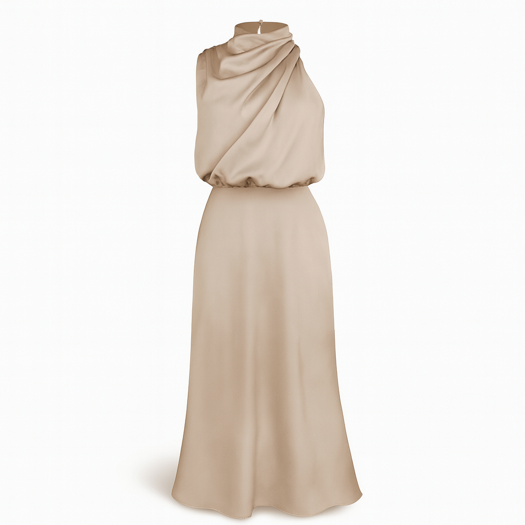 Khaki Satin Halter Neck Dress for Women