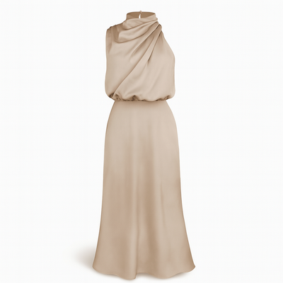 Khaki Satin Halter Neck Dress for Women