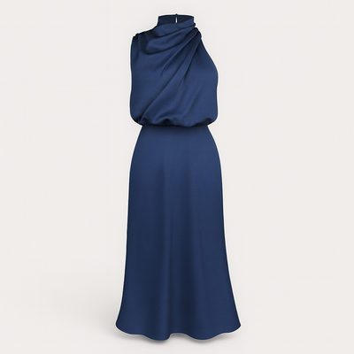 Blue Marine Satin Halter Neck Dress for Women