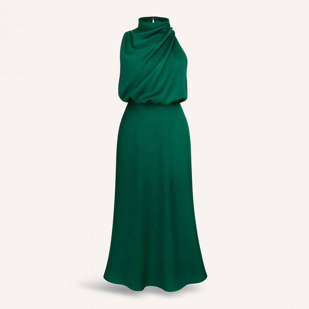 Green Satin Halter Neck Dress for Women
