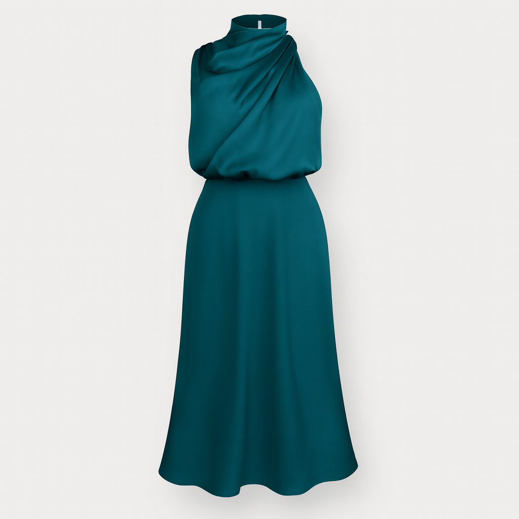 Turquoise Satin Halter Neck Dress for Women