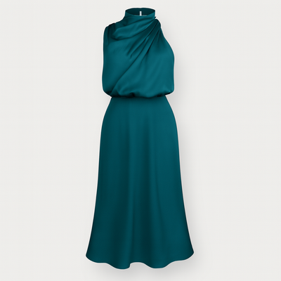 Turquoise Satin Halter Neck Dress for Women