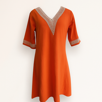 Orange Linen V-neck Dress