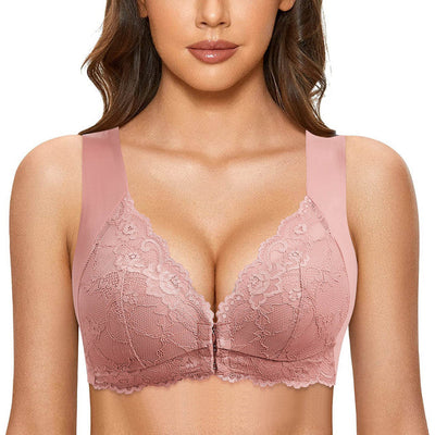 Soutien-gorge en dentelle rose, design sans couture, bretelles larges, fermeture avant, confort et élégance pour un maintien optimal.