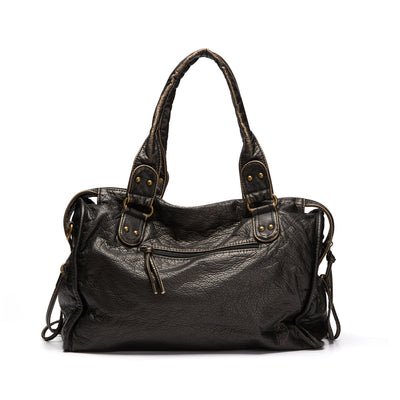 Sac à main en cuir noir élégant avec poignées robustes et détails dorés, idéal pour la mode féminine et le style urbain chic.