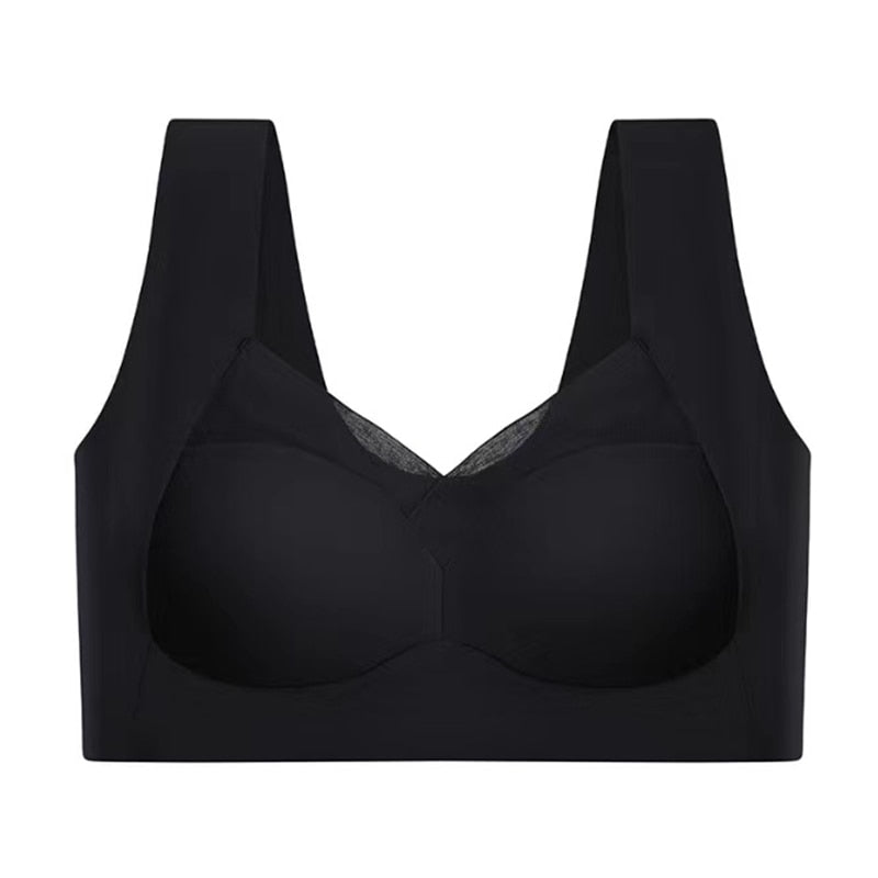 Soutien-gorge noir sans armatures, design moderne, tissu doux et extensible, idéal pour confort quotidien et maintien optimal.