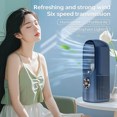 Ventilateur sans pales avec humidificateur & lumière RGB - Silencieux & sans fil pour la maison & les voyages
