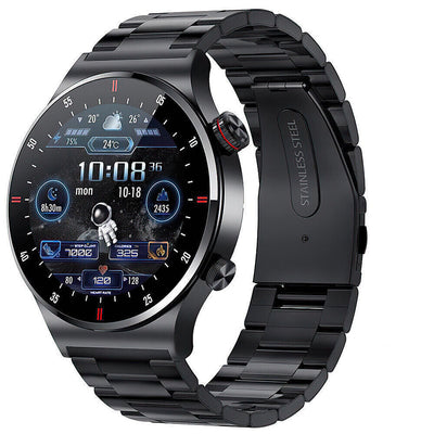 Montre connectée noire avec bracelet en acier inoxydable, affichage numérique couleur, fonctionnalités de fitness, météo et notifications.