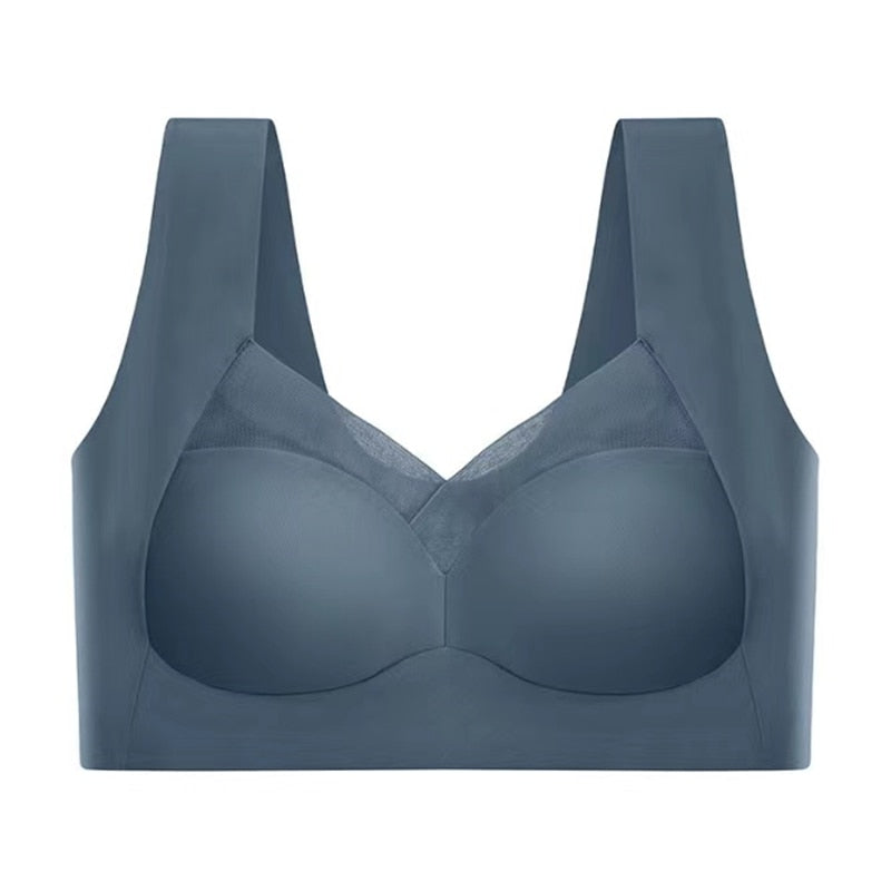Soutien-gorge bleu sans couture, design moderne, bretelles larges, tissu lisse et respirant, idéal pour confort quotidien et maintien optimal.