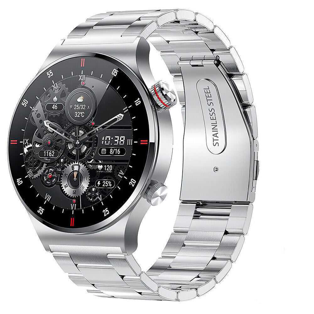 Montre connectée en acier inoxydable avec cadran noir, affichage numérique et aiguilles, bracelet métallique élégant, technologie moderne.