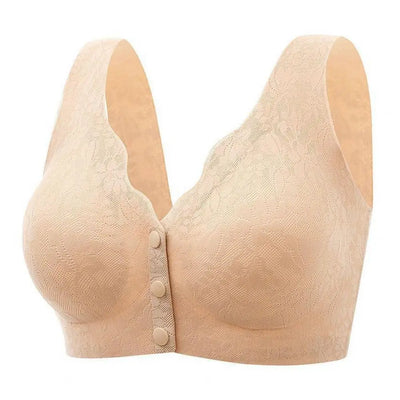 Soutien-gorge beige sans armatures en dentelle, fermeture avant à boutons, design confortable et élégant, lingerie féminine tendance.