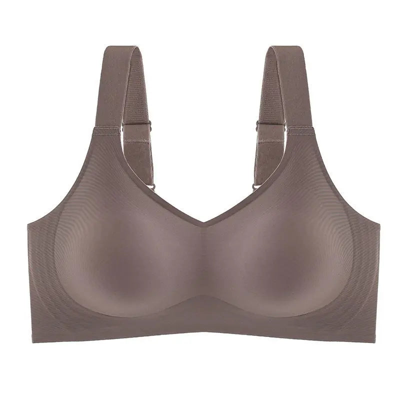 Soutien-gorge sans couture marron, bretelles larges, design lisse et confortable, lingerie féminine moderne, soutien optimal, style minimaliste.