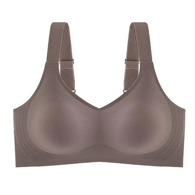Soutien-gorge sans couture marron, bretelles larges, design lisse et confortable, lingerie féminine moderne, soutien optimal, style minimaliste.