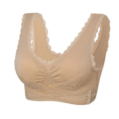 Soutien-gorge beige sans armatures, dentelle délicate, fermeture à crochets, design confortable, lingerie féminine élégante, sous-vêtement quotidien.