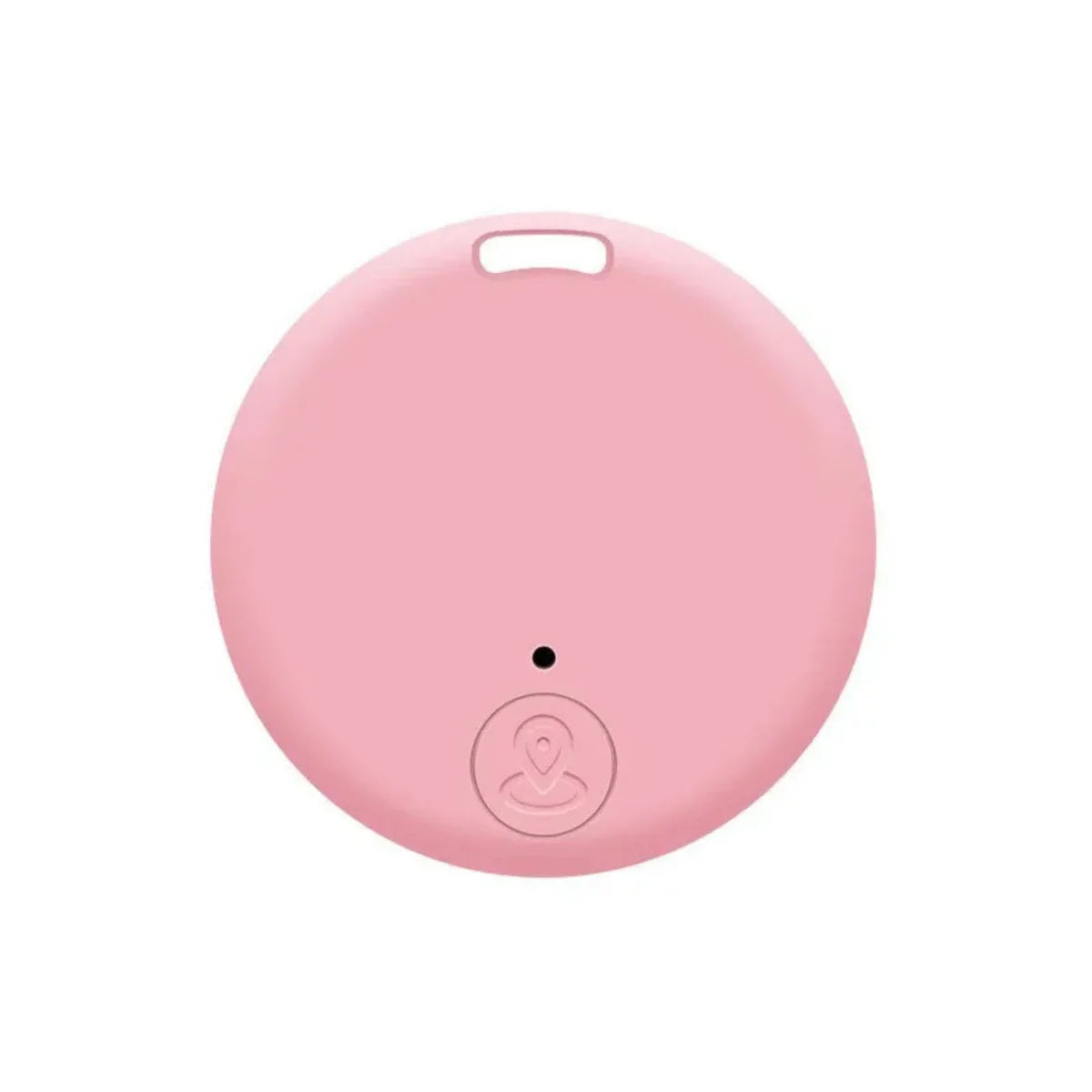 Dispositif de suivi Bluetooth rose, rond, avec logo en bas, idéal pour localiser objets perdus. Accessoire technologique compact et pratique.