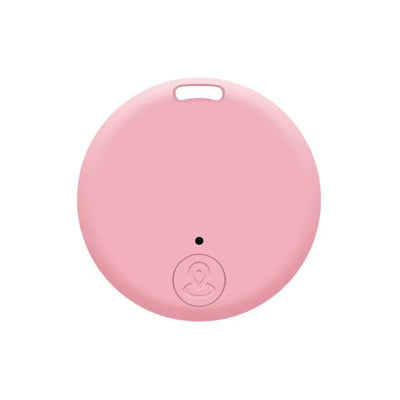 Dispositif de suivi Bluetooth rose, rond, avec logo en bas, idéal pour localiser objets perdus. Accessoire technologique compact et pratique.