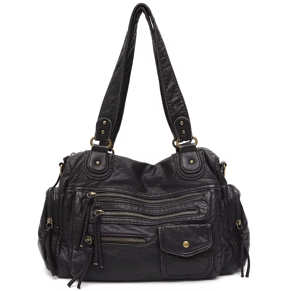 Sac à main en cuir noir avec multiples poches zippées et bandoulières robustes. Design élégant et pratique pour femme, idéal pour le quotidien.