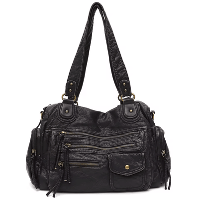 Sac à main en cuir noir avec multiples poches zippées et bandoulières robustes. Design élégant et pratique pour femme, idéal pour le quotidien.